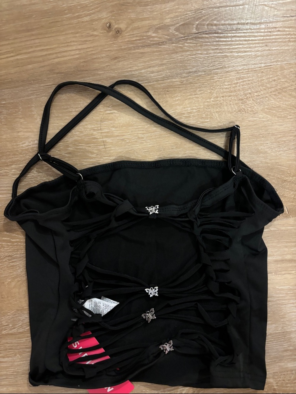 Black Strappy Butterfly-Embellished Crop Top